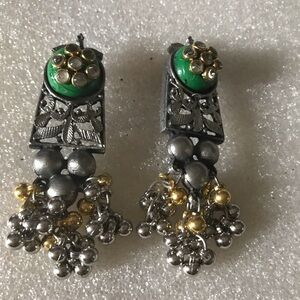 Green Stone Silver-Tone Dangle Earrings
